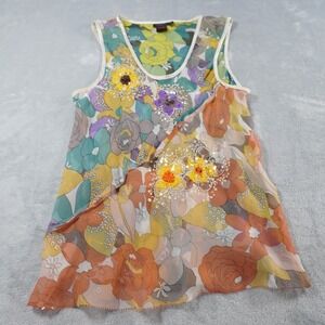 Vintage Silk Chiffon Y2K Fairy Tank Top Sz 12 Floral Beaded Sequin Flowy Rave